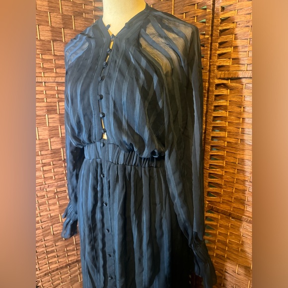 ASOS Dress Blue Pin Strip Sz 10 Sheer Overlay Long Sleeve Exposed Back ruffles - Picture 4 of 16